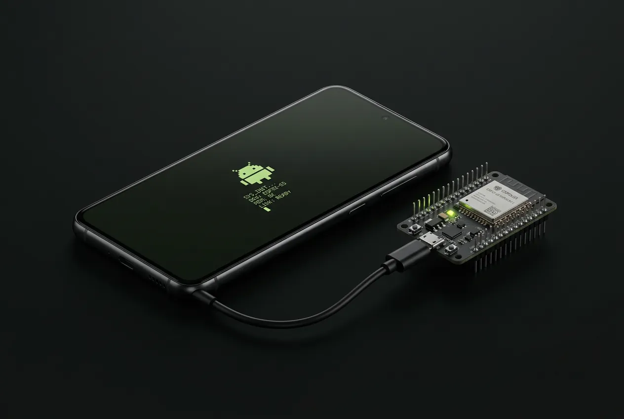 Product illustration of an Android phone connected to an ESP32-S3 development board over USB